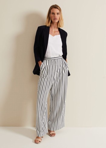 Phase Eight Selene Striped Wide Legs Trousers Navy/White Australia | YO4870325